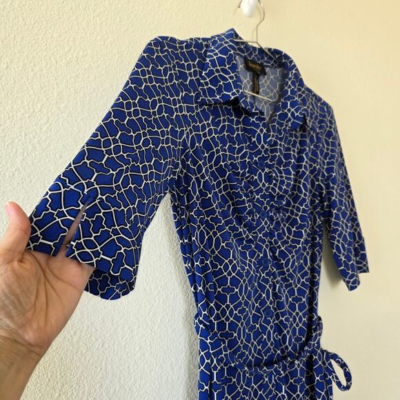 Laundry by Shelli Segal Blue Geometric Shirt Dress Belted Women Size 10 Classic - Picture 5 of 13